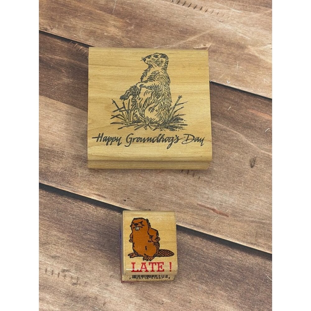 VTG HTF LOT OF 2 GROUNDHOG DAY WOOD MOUNTED RUBBER STAMPS HAPPY & LATE